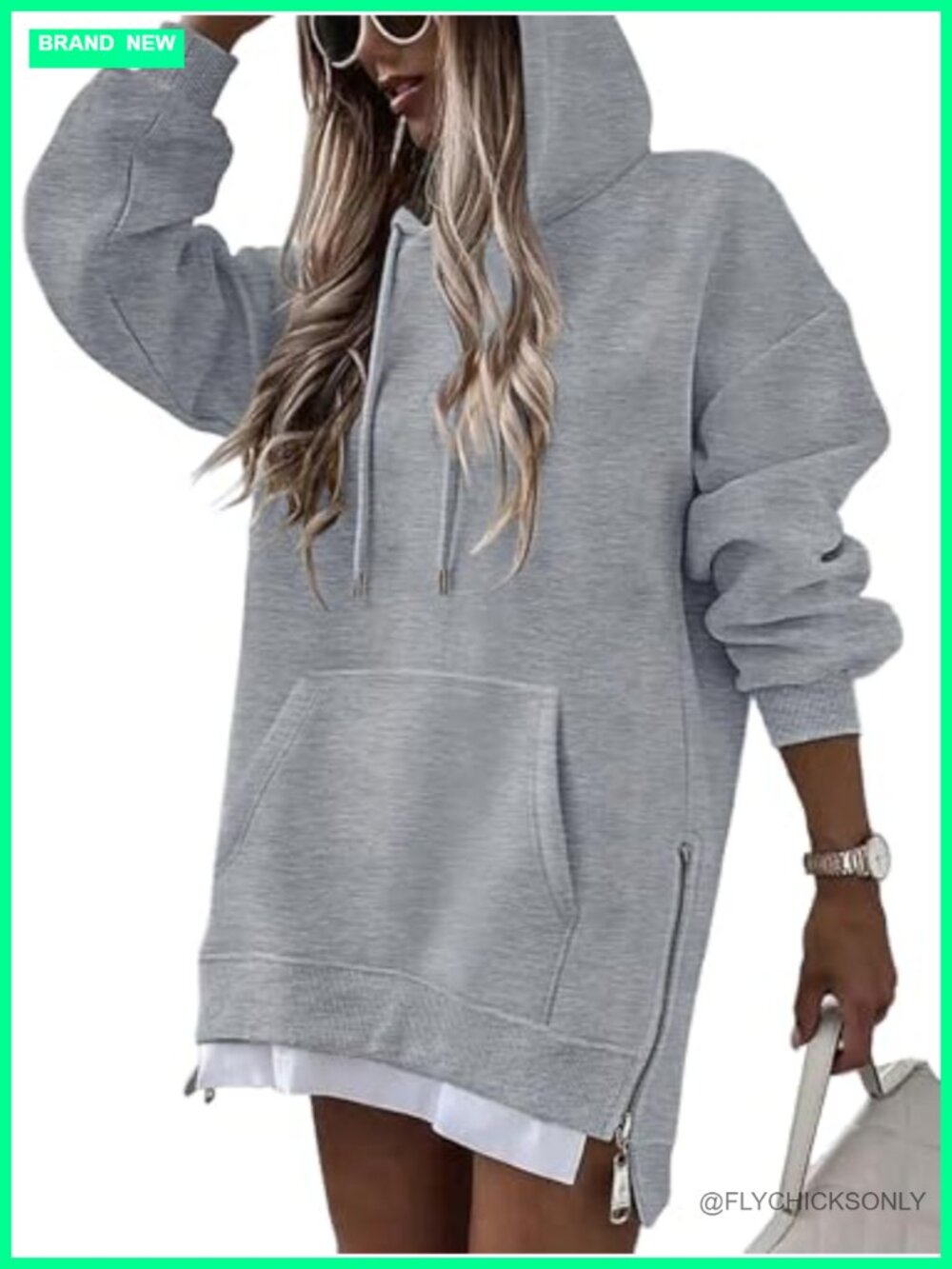 Oversized Long Sleeve Hoodie Dress Zip Side Slit Kangaroo Pocket